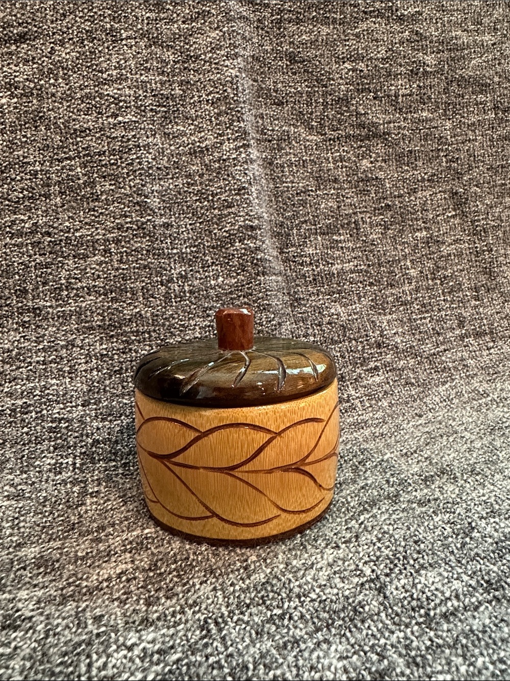 Hand carved wooden lidded round box